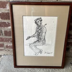 Violinist Musician Pencil Drawing Artist Signed Mark Eanes 1979 Wood Frame 17x21